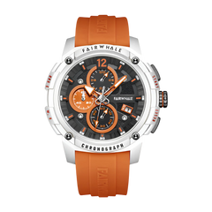 Orange and black watch with 'Fairwhale' branding on a white background