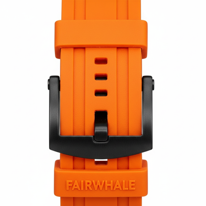 Orange watch strap with black buckle on a white background, featuring the brand &