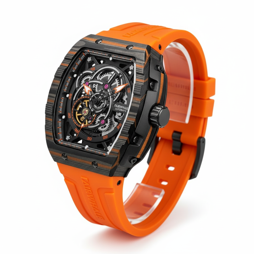 Orange watch with a detailed black face on a white background