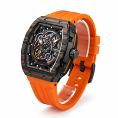 Orange watch with a detailed black face on a white background