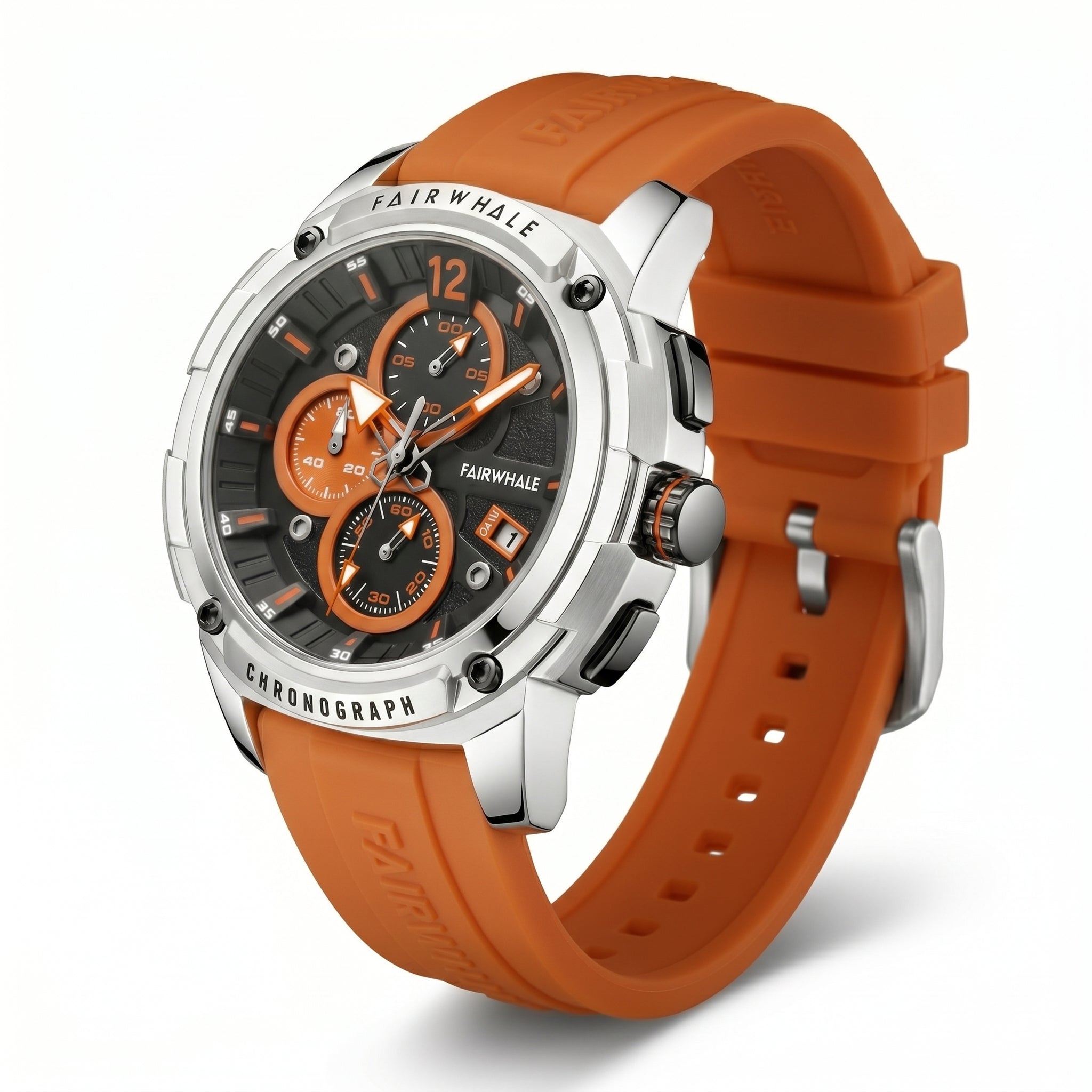 Orange watch with silver case on a white background