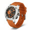 Orange watch with silver case on a white background