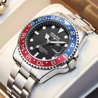 Pepsi bezel Mark Fairwhale VELTORIS luxury stainless steel watch in display case