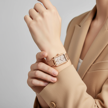 Person wearing a rose gold watch on a plain background