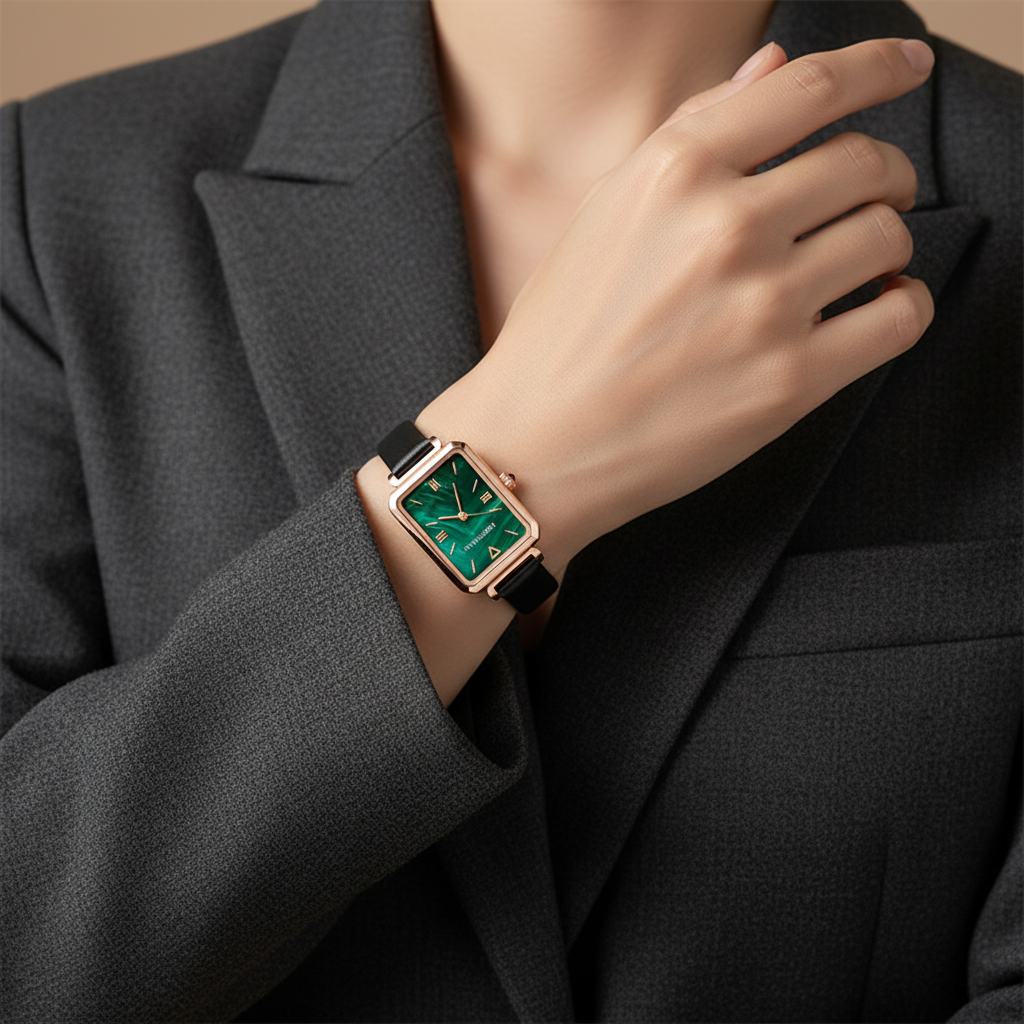 Person wearing a rose gold watch with a green face on a dark suit background