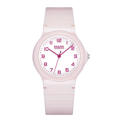 Pink watch with white dial on a white background