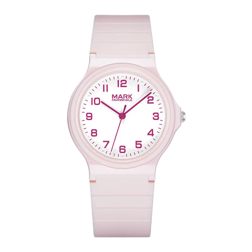 Pink watch with white dial on a white background