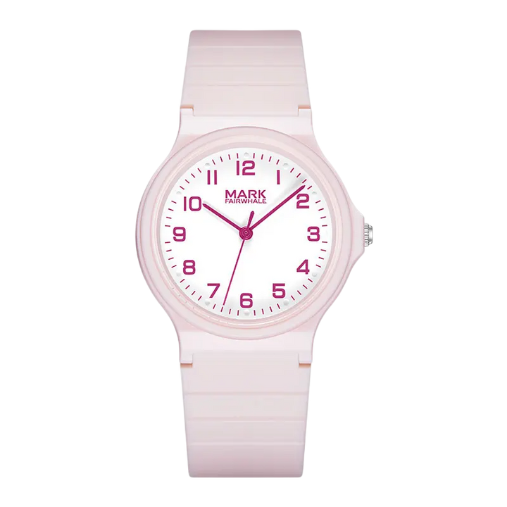 Pink watch with white dial on a white background