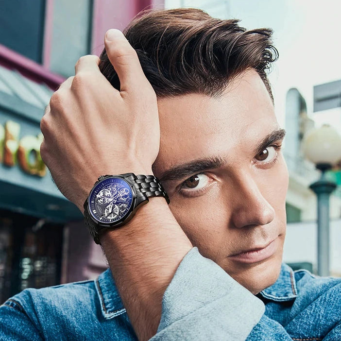 The black skeleton dial amplifies depth and intensity, reinforcing the industrial character of this automatic tourbillon watch.