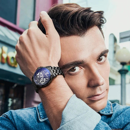 The black skeleton dial amplifies depth and intensity, reinforcing the industrial character of this automatic tourbillon watch.