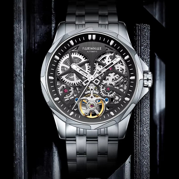 Luminous markers and hands ensure visibility while preserving the purity of the skeleton design.