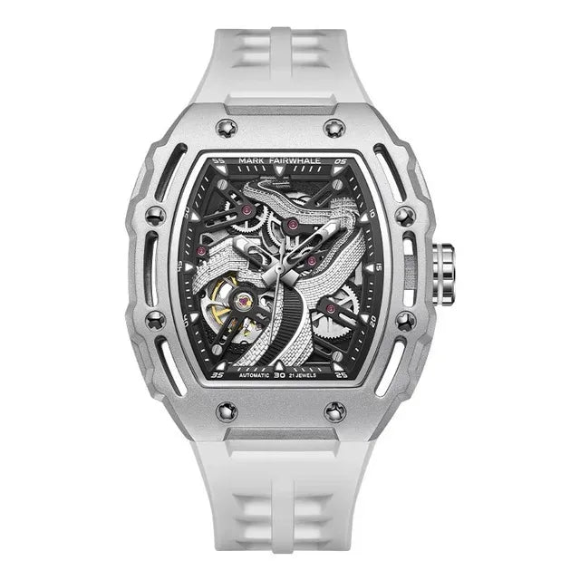 Product shot – FORTANIX skeleton watch with white silicone strap.