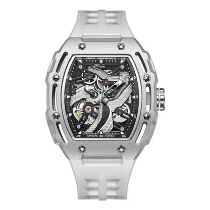 Product shot – FORTANIX skeleton watch with white silicone strap.