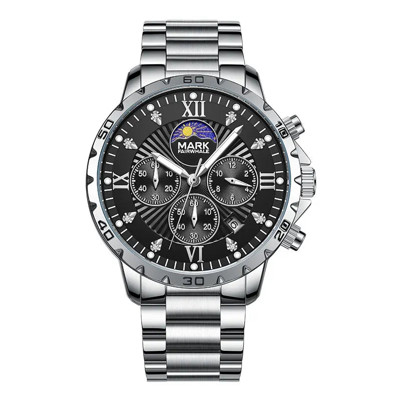 Quartz Chronograph Watch with stainless steel bracelet and moon phase dial by Mark Fairwhale