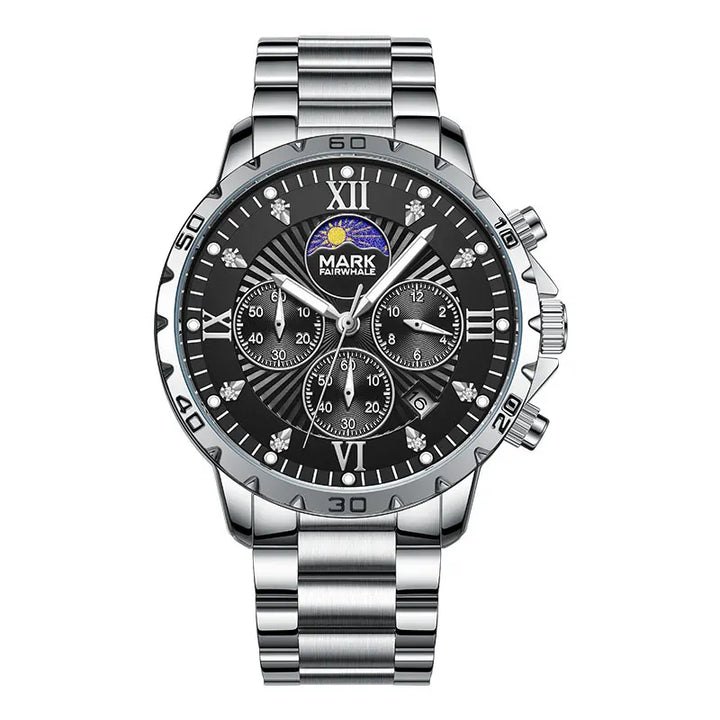 Quartz Chronograph Watch with stainless steel bracelet and moon phase dial by Mark Fairwhale