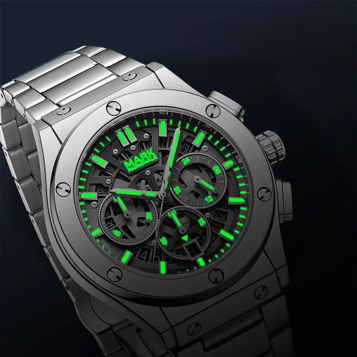 Luxury men’s chronograph watch with luminous hands and calendar window