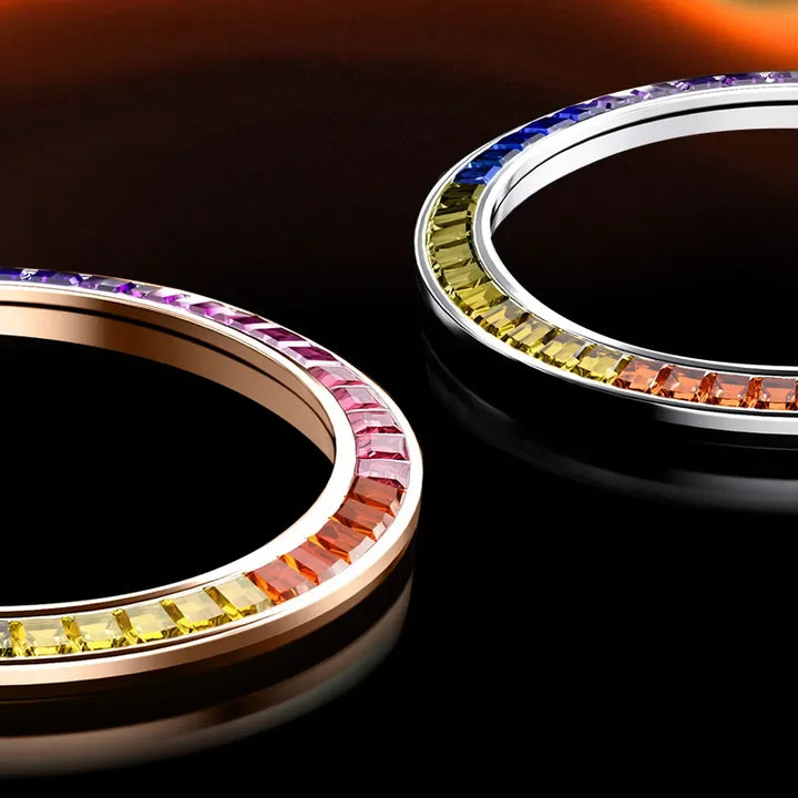 Rainbow crystal bezels in rose gold and silver variations for Mark Fairwhale 6009 RAINORA