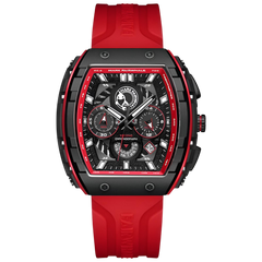 Red and black watch with detailed face on a white background