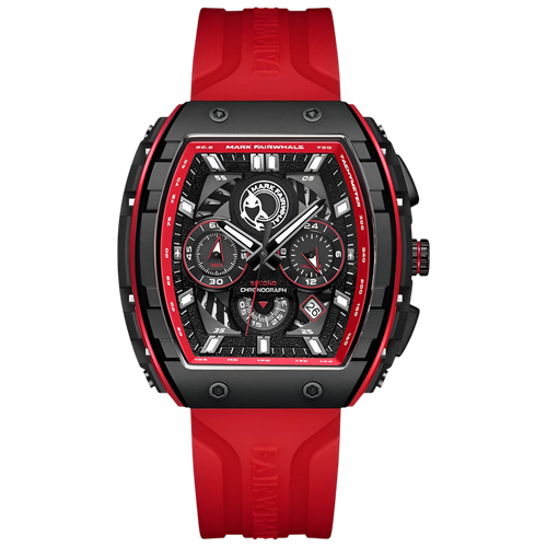 Red and black watch with detailed face on a white background