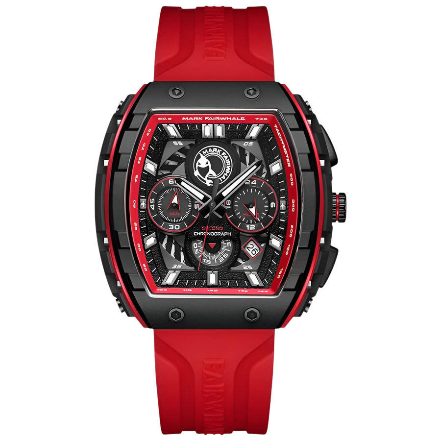 BOLTRON in Red: black angular case, red-framed layered chronograph dial and red strap