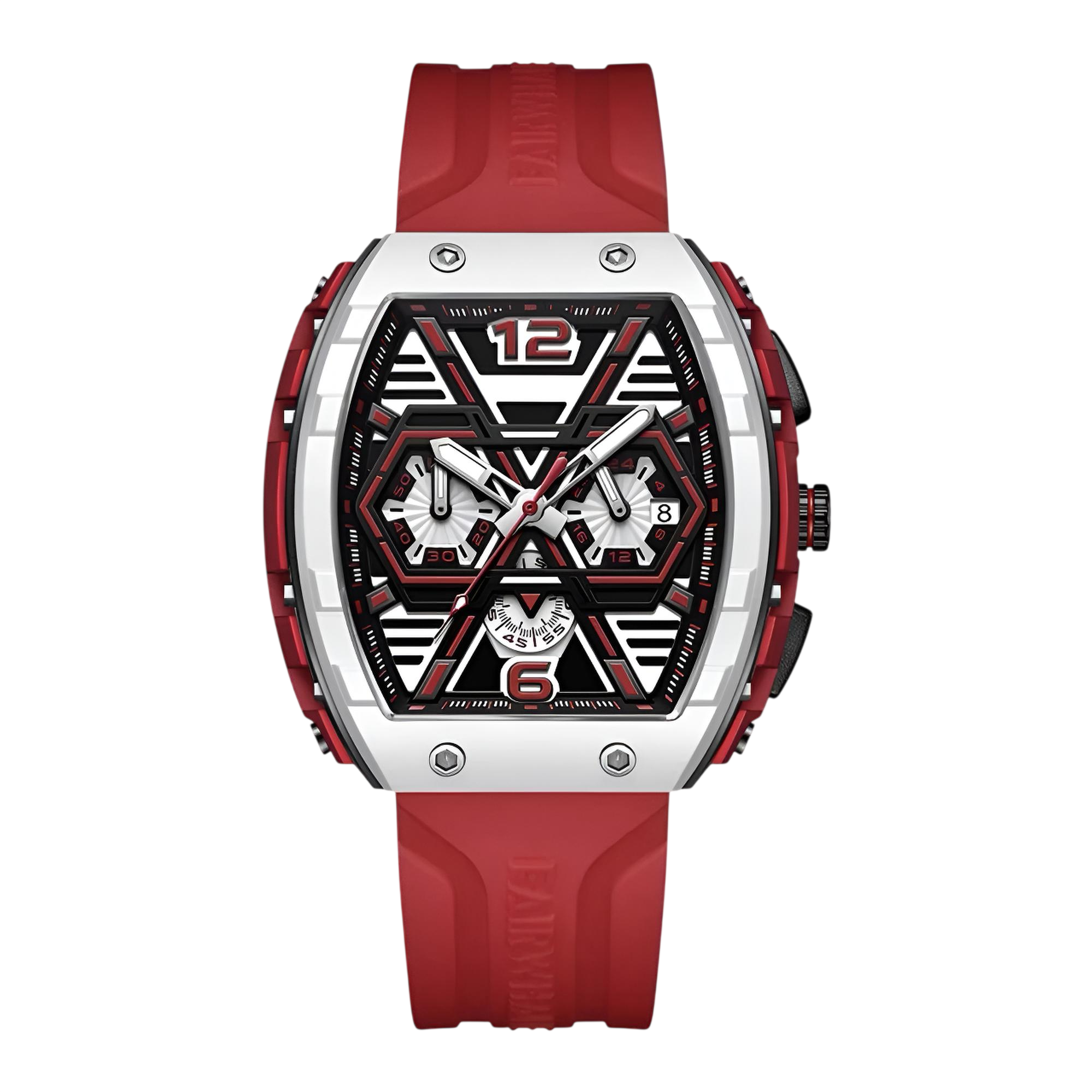 Red and silver watch with a white background