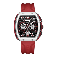 Red and silver watch with a white background