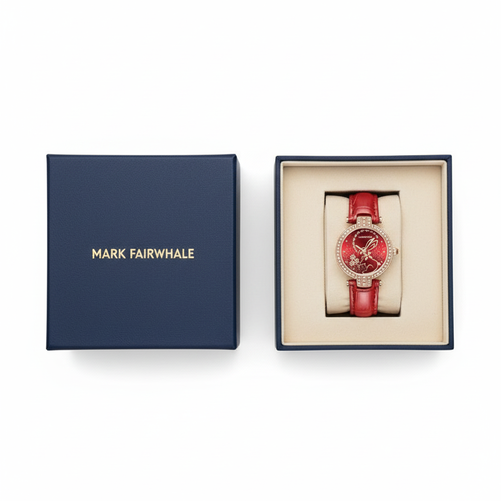Red watch in a Mark Fairwhale box on a white background