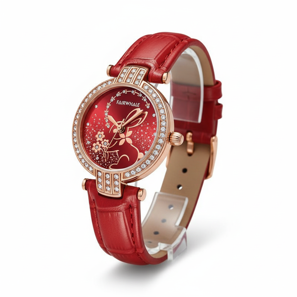 Red watch with a floral design on the dial against a white background