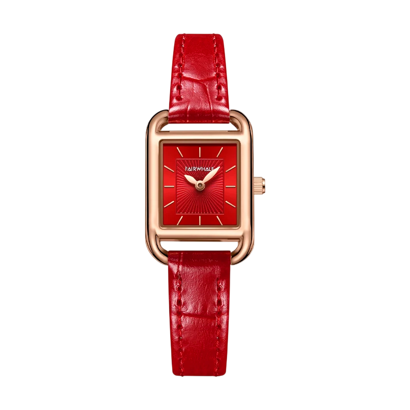 Red watch with a red strap on a white background