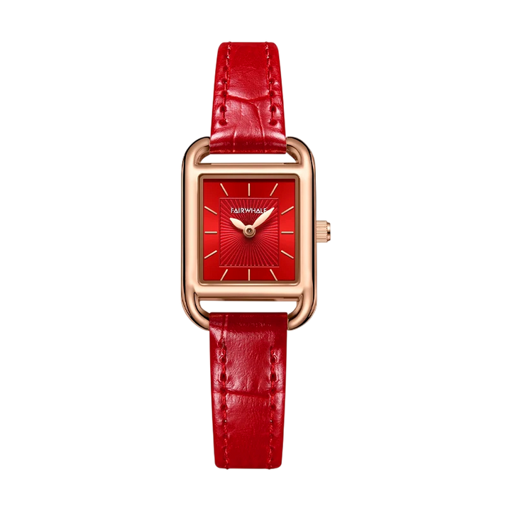 Red watch with a red strap on a white background