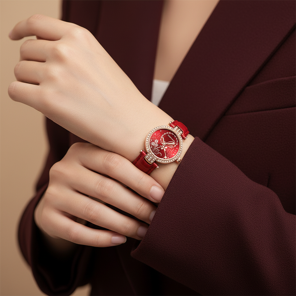 Red wristwatch with a detailed face on a person&