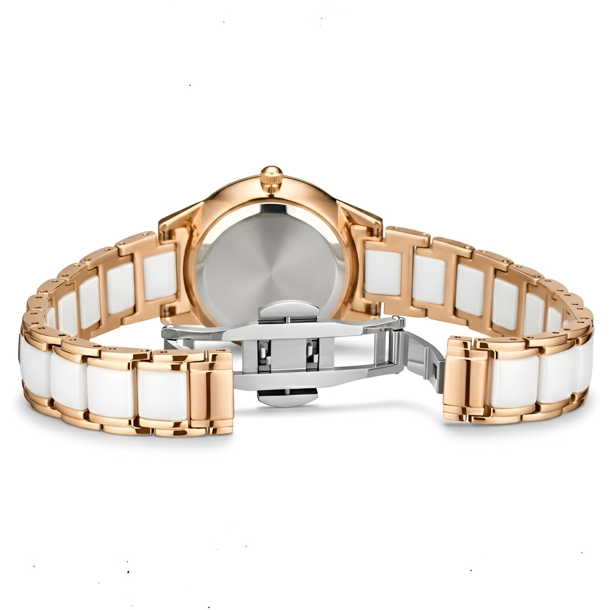 Rose gold and silver watch with white ceramic links on a white background