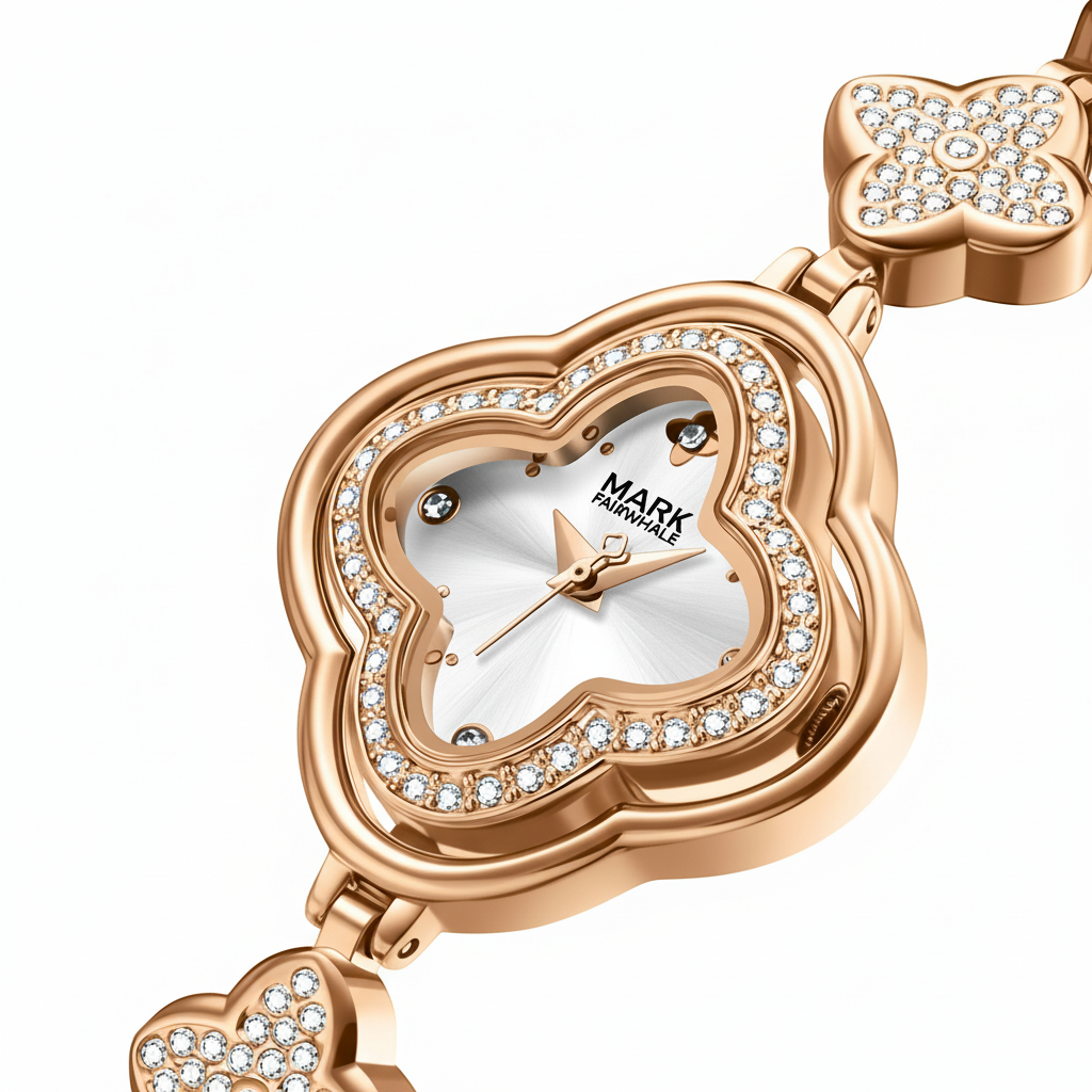 Rose gold heart-shaped watch with diamond accents on a white background