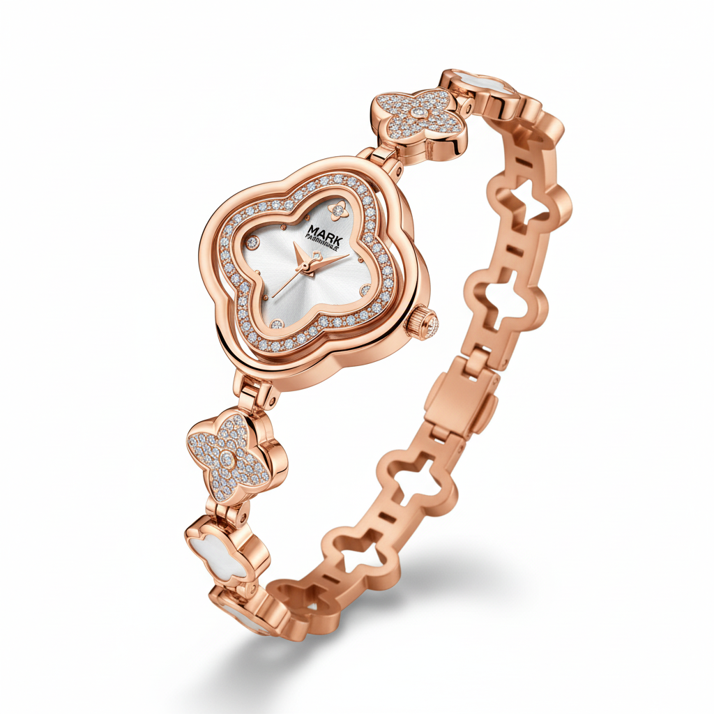 Rose gold heart-shaped watch with star design on a white background