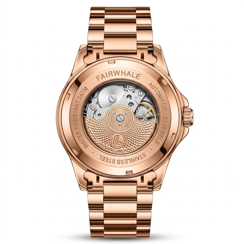 Rose gold watch with visible brand name on a white background