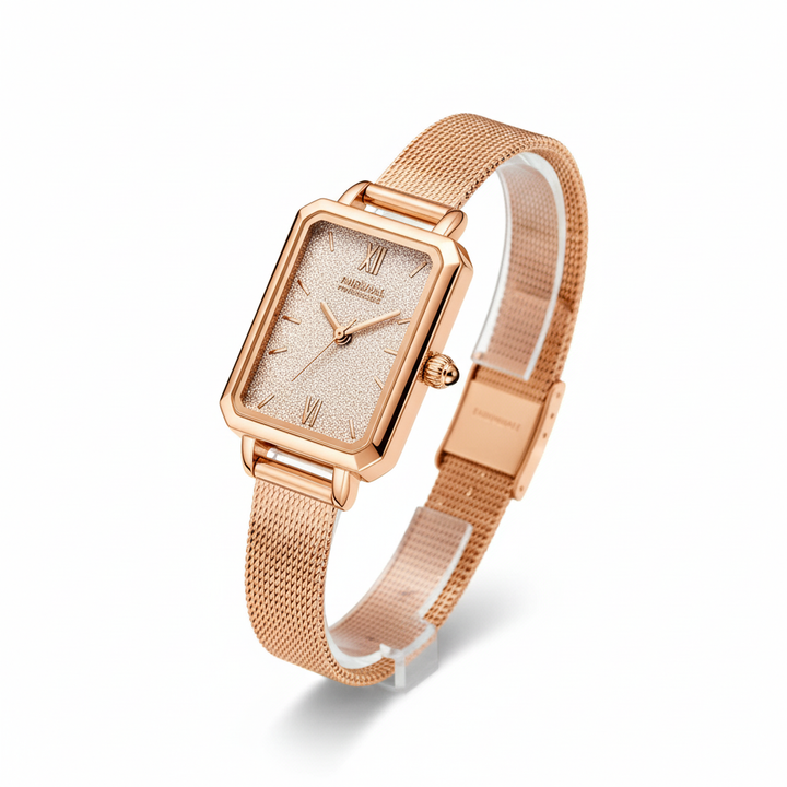 Rose gold watch band on a white backgrou