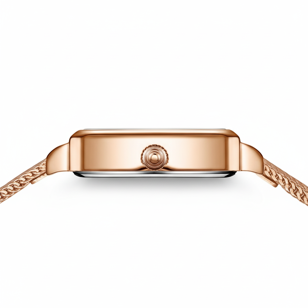 Rose gold watch band on a white background