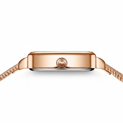 Rose gold watch band on a white background