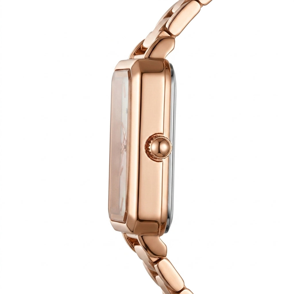 Rose gold watch on a white background