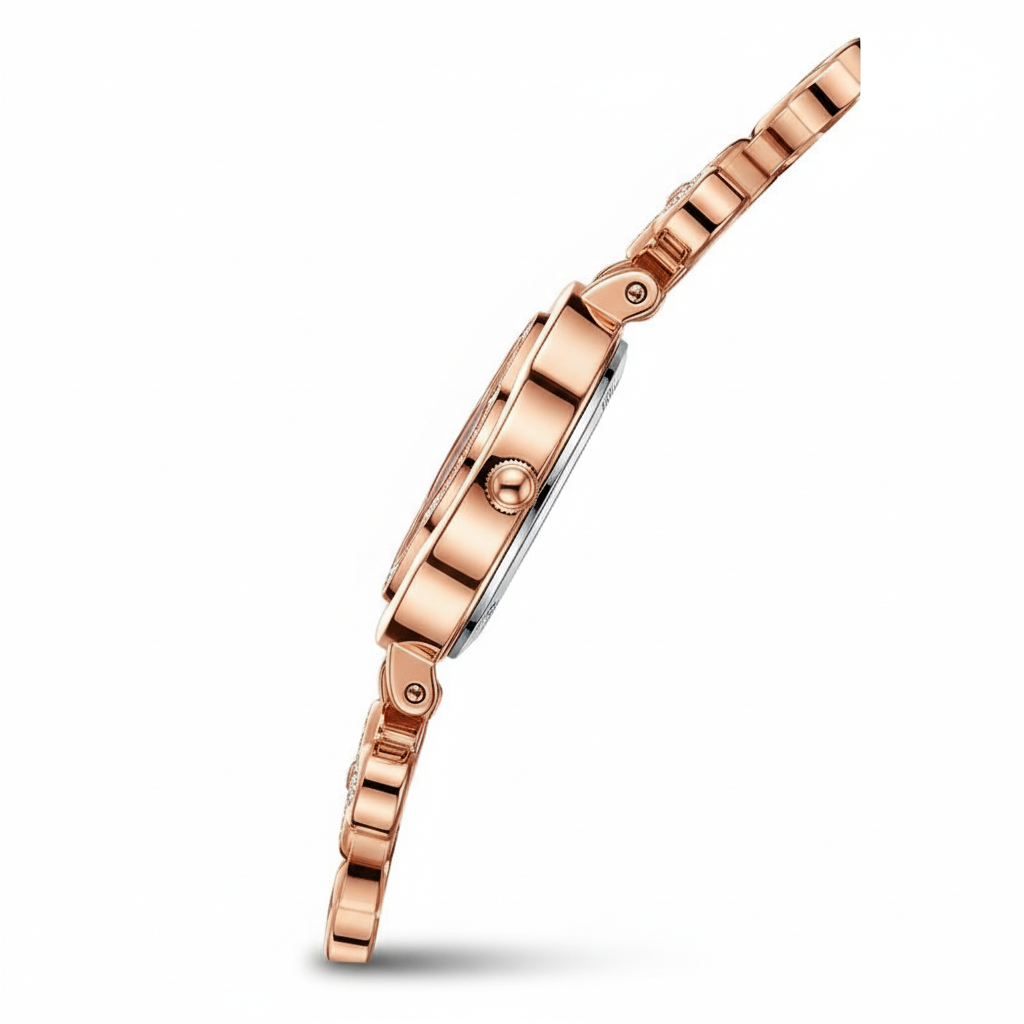 Rose gold watch on a white background