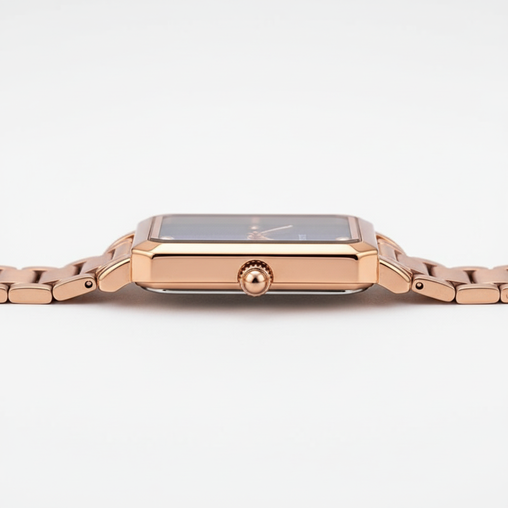 Rose gold watch on a white background