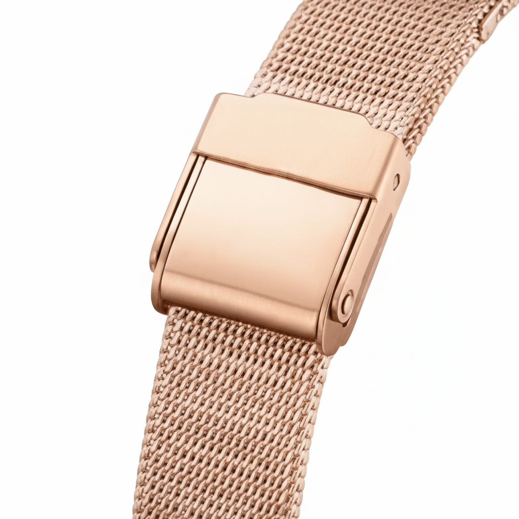 Rose gold watch strap on a white background