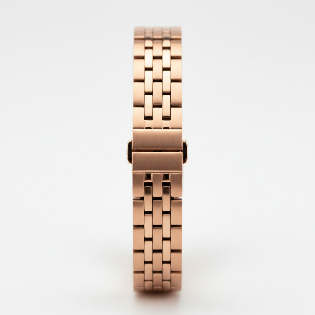 Rose gold watch strap on a light gray background