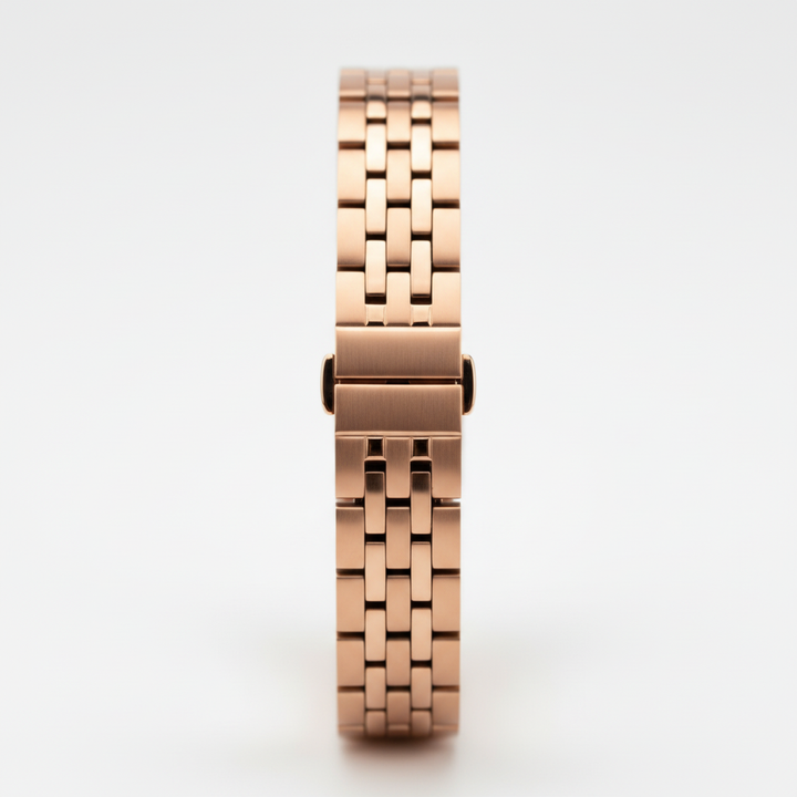 Rose gold watch strap on a light gray background