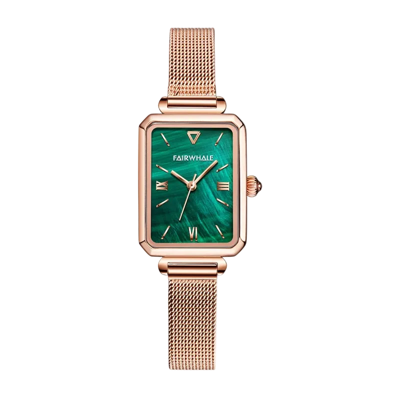 Rose gold watch with green face on a white background