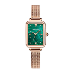 Rose gold watch with green face on a white background