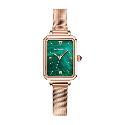Rose gold watch with green face on a white background