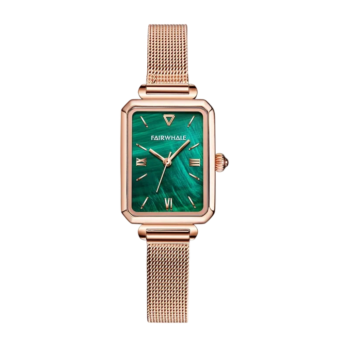 Rose gold watch with green face on a white background