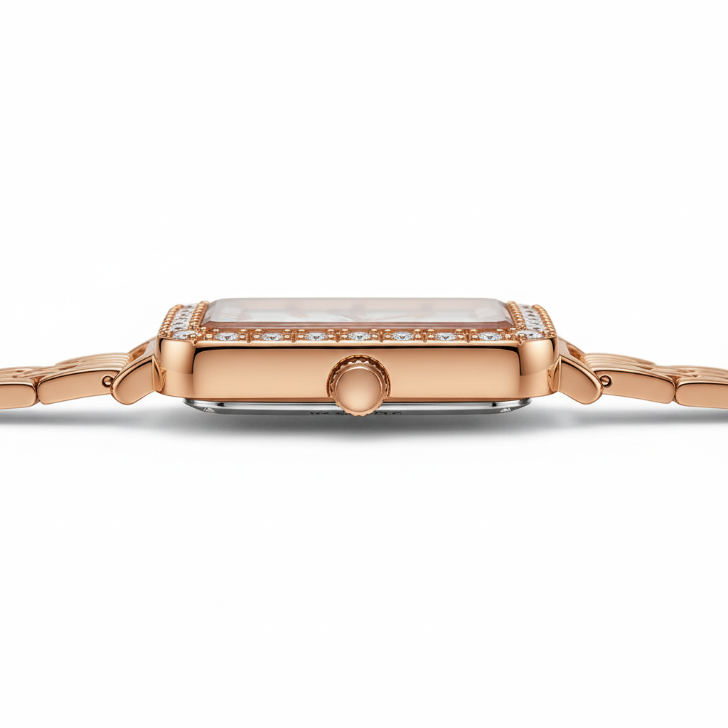 Rose gold watch with diamond accents on a white background