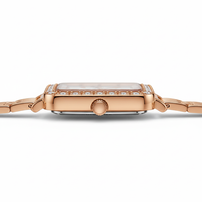 Rose gold watch with diamond accents on a white background